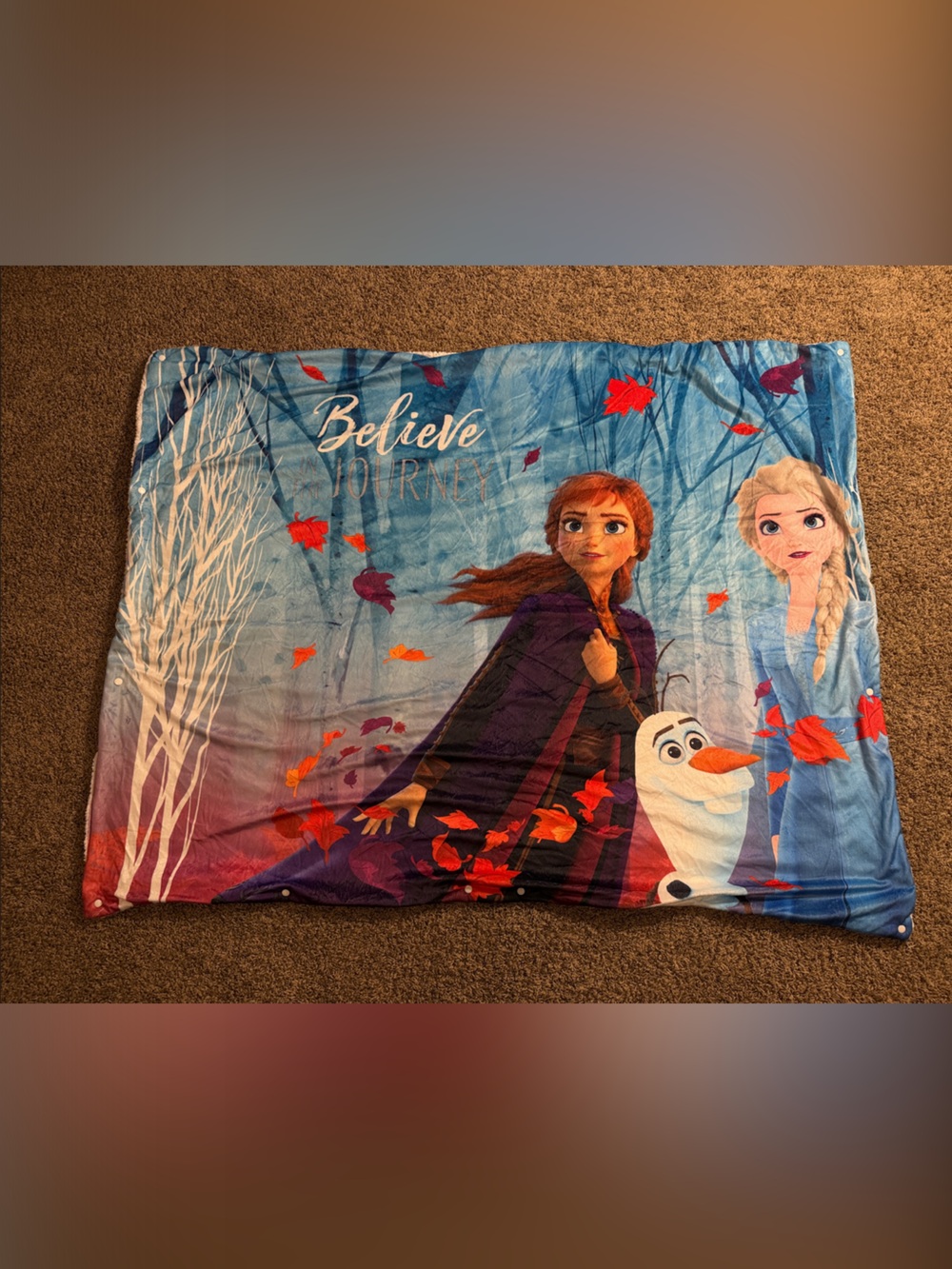 Disney Frozen Anna Elsa Olaf Blue and Purple 'Believe' Throw Blanket